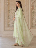 Pista Green Embroidered Chanderi Kurta Set With Organza Dupatta