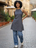 Varanga Navy Blue Stylish Open-Back  Short Kurti with Ajrakh Print