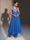 Royal Blue Embroidered Georgette Anarkali Kurta With Trousers (Set Of 2)