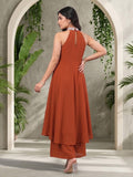 Varanga Women Rust Yoke Embroidered Sleeveless Flared Kurta With Trousers.
