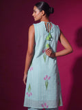Sky Blue Tulip Print Halter Neck Kurta Set With Wide-Leg Trousers