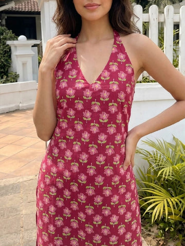 Women's Magenta Floral Halter-Neck Lace-Up Top
