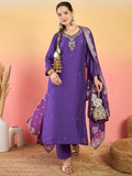 kurta set featuring a bead-embellished yoke, solid ankle-length trousers, and a brocade dupatta