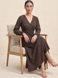 Brown Wrap Dress With A Flattering High-Low Silhouette .