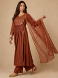 Rust Brown Zari-Work Anarkali Set With Organza Dupatta