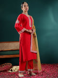 Varanga Women Red Zari Embroidered Kurta With Bottom And Dupatta