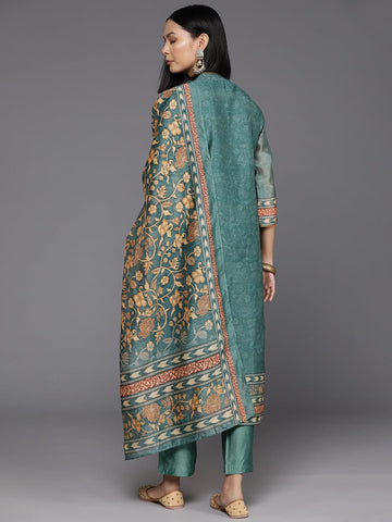 Varanga Women Blue Floral Printed Straight Kurta Paired With Tonal Bottom And Printed Dupatta