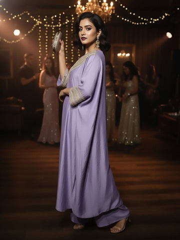 Zari Embroidered Lace Neck Flared Kaftan with Trouser