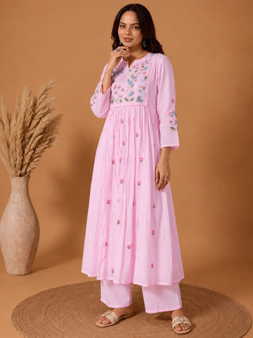 Varanga Women Floral Embroidered Empire Thread Work Pure Cotton Kurta with Trousers & With Dupatta