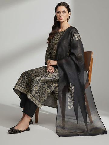 Varanga Women Grey Floral Printed Round Neck Straight Kurta Paired With Bottom And Printed Dupatta.