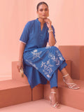Women'S Blue Floral Embroidery Straight Kurta With Trousers Co-Ord Set