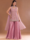 Mauve Embroidered Kurta Set Featuring Zari And Sequin Work With A Matching Flared Palazzo And Embellished Dupatta
