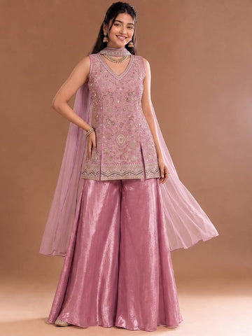 Mauve Embroidered Kurta Set Featuring Zari And Sequin Work With A Matching Flared Palazzo And Embellished Dupatta