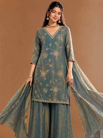 Embroidered Shimmer Kurta Set With Dupatta