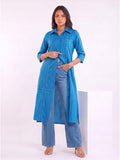 Blue Shirt-Style Kurta Elevated With Chic Contrast Stitch Detailing.