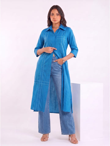 Blue Shirt-Style Kurta Elevated With Chic Contrast Stitch Detailing.
