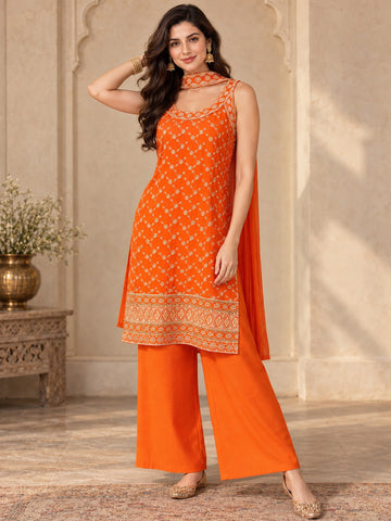 Varanga Women Ethnic Motifs Embroidered Regular Thread Work Kurta with Palazzos & With Dupatta