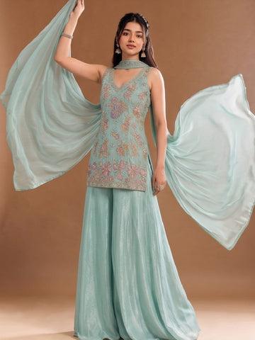 Women's Embroidered Shimmer Short Kurta With Palazzo And Dupatta