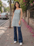 Women's Cotton Block Print Sleeveless Short Top With Lace-Up Back