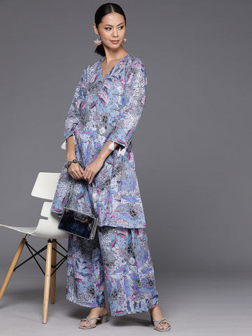 KSUT Women Grey Abstract Printed Angrakha Style Kurta With Bottom