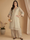 Varanga Women Three-Piece Set Featuring A Shimmer-Detailed Grey Kurta, Solid Ankle-Length Trousers, And An Embroidered Net Dupatta