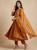Rust Orange Embroidered Kurta Set With Metallic Striped Dupatta