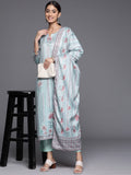 Varanga Women Blue Stripe Printed Straight Kurta Paired With Tonal Bottom And Dupatta