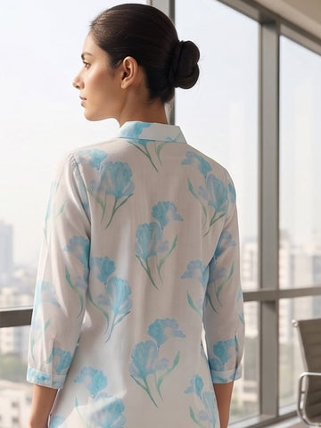 White-Blue Coloured Slim Collar Long Sleeves Floral Shirt