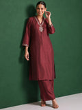 Womens Maroon Mirror-Work Silk Kurta Set