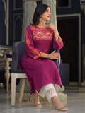 Women's Purple Yoke Embroidered Straight Kurta
