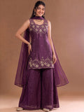 Round Neck Embroidered Kurta Set Featuring Zari And Sequin Work With Flared Palazzo And Embellished Dupatta