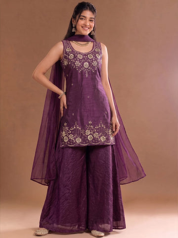 Round Neck Embroidered Kurta Set Featuring Zari And Sequin Work With Flared Palazzo And Embellished Dupatta