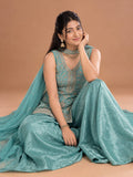 Sea Blue Embroidered Kurta Set Featuring Zari And Sequin Work With A Matching Flared Palazzo And Embellished Dupatta