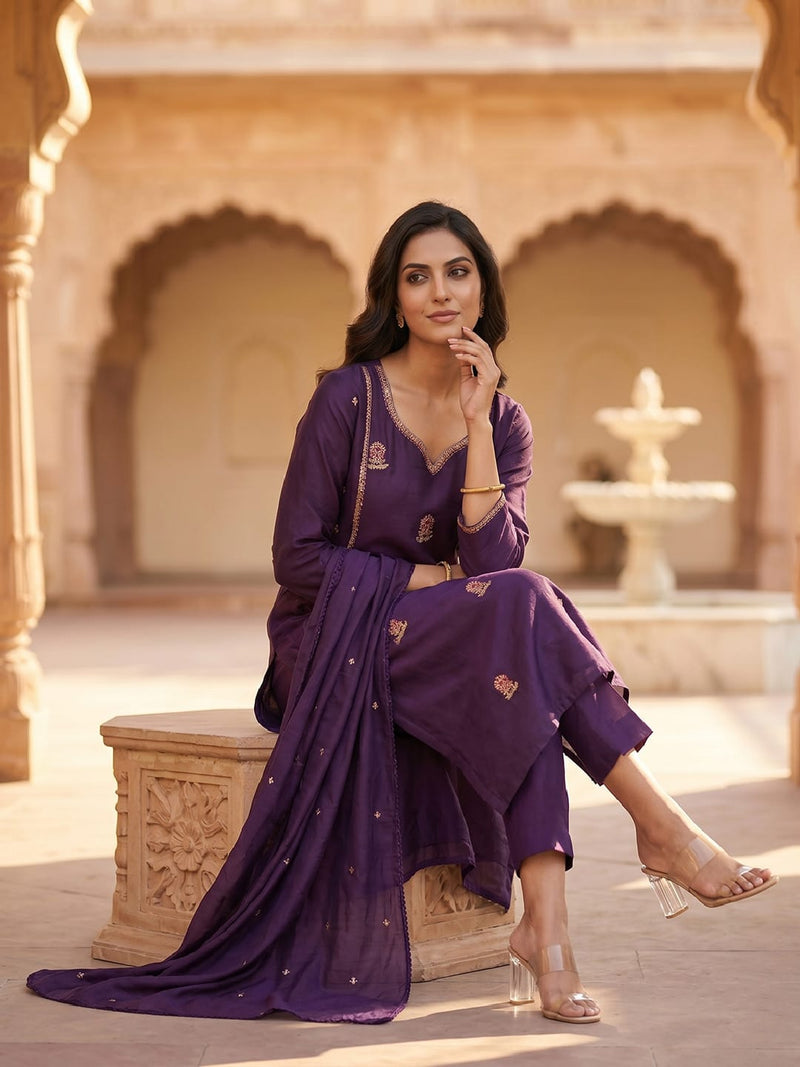 Purple Embroidered Ethnic Suit Set
