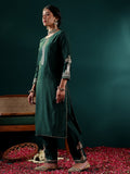 Varanga Women Green Yoke Embroidered Straight Kurta Paired With Tonal Bottom And Net Dupatta With Four Side Embroidered Taping