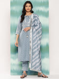 Varanga Women Grey Bandhani Printed Regular Sequinned Tie-up Neck Kurta With Trousers & With Dupatta