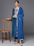 varanga blue ethnic motifs embroidered regular chanderi silk round neck kurta with trousers with dupatta