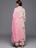 Varanga Women Off White Floral Printed A-Line Kurta With Pink Printed Bottom