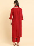 Varanga Women Red Round Neck Yoke Embroidered, Three Quarter Sleeves Straight Kurta Paired With Tonal Bottom And Dotted Dupatta