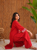 Women Red Embroidered Solid Straight Kurta With Trousers
