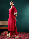 Varanga Women Maroon V Neck Lace Embellished Kurta With Bottom And Dupatta