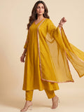 Mustard Yellow Embroidered A-Line Kurta Set With Sequin Detailing