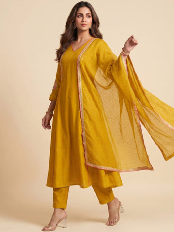 Mustard Yellow Embroidered A-Line Kurta Set With Sequin Detailing