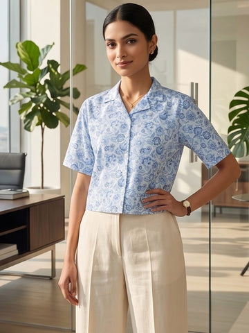 Blue Coloured Short Sleeves Shirt Collar Top