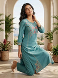 Women Floral Embroidered Teal Blue Straight Kurta Set
