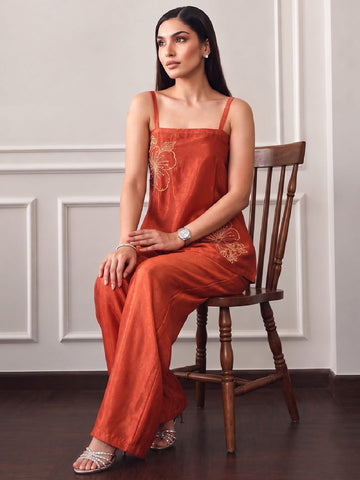 Varanga Women Floral Embroidered Regular Thread Work Silk Crepe Top with Palazzos