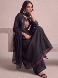 Black Embroidered Flared Kurta With Floral Yoke Detailing.