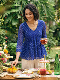 Women's Blue Bandhani Print Peplum Top With V-Neck And Gota Work Detailing