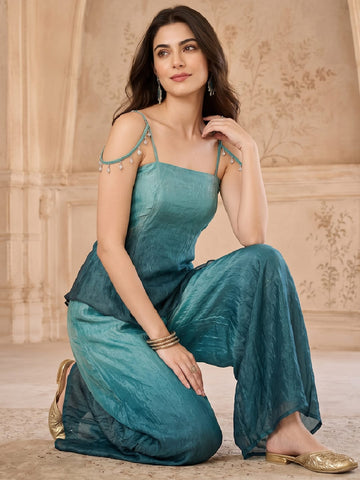 Varanga Women Ombre Dyed Asymmetrical Silk Crepe Top with Palazzos