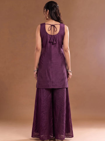 Round Neck Embroidered Kurta Set Featuring Zari And Sequin Work With Flared Palazzo And Embellished Dupatta